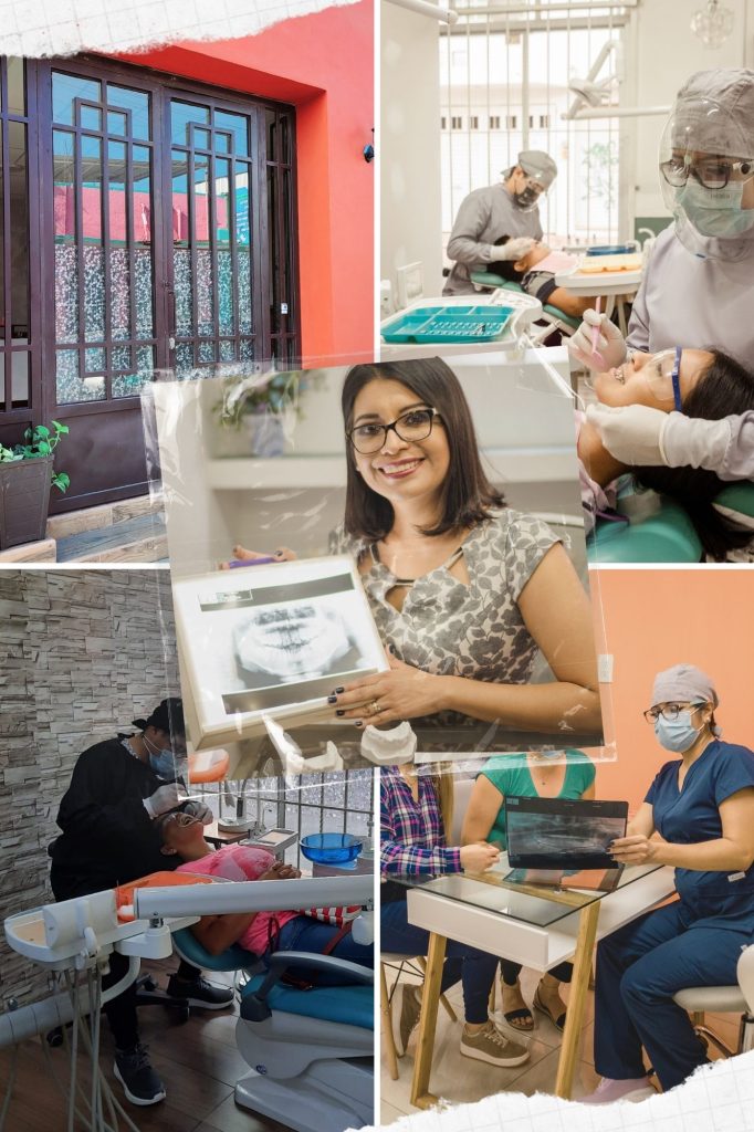 collage de fotos que incluye fachada del edificio, instalaciones y personal de Dental Serrano